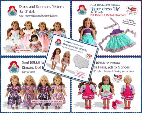 American Girl Clothes Pattern Bundle 18" dolls (dresses, bloomers, underpants)