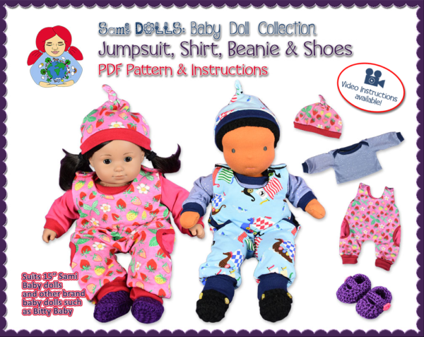 Jumpsuit, beanie and 2 sets of crochet shoes for 15" (baby) dolls | Sami Baby Doll Collection #6 - PDF download