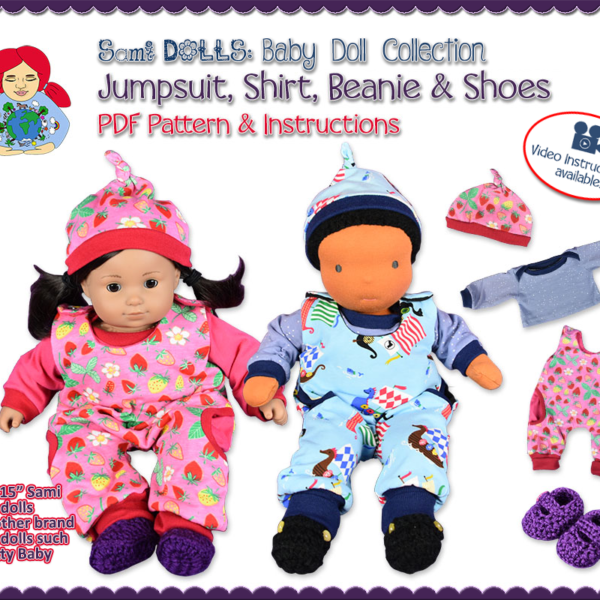 Jumpsuit, beanie and 2 sets of crochet shoes for 15" (baby) dolls | Sami Baby Doll Collection #6 - PDF download