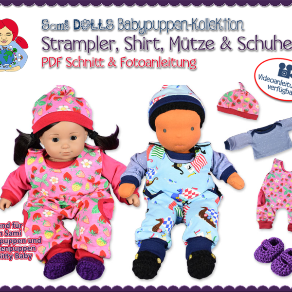Strampler, Raglan-Shirt, Mütze und 2 Paar Häkelschuhe für 38 cm Puppen - PDF Schnittmuster | Sami Babypuppen-Kollektion #6 | Sami Dolls eBooks