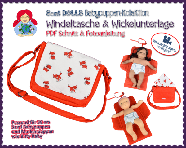 Windeltasche/Kindergartentasche und Wickelunterlage für 38 cm Puppen - PDF Schnittmuster | Sami Babypuppen-Kollektion #9 | Sami Dolls eBooks